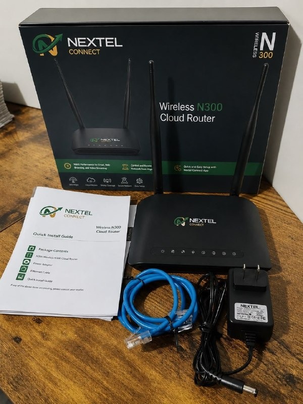 Nextel Connect Wireless N300 Cloud Router contents showing box adapter ethernet cable